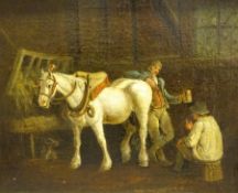 After George Morland (British 1763-1804): Horse and Figures in Stable setting, 19th century oil on c