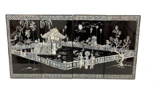 Set of four Oriental black lacquer panels with mother-of-pearl inlay, H59cm x L121cm (total)