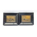 Pair of relief cast metal plaques modelled as hunting dogs in landscapes, in ebonised frames, 125cm