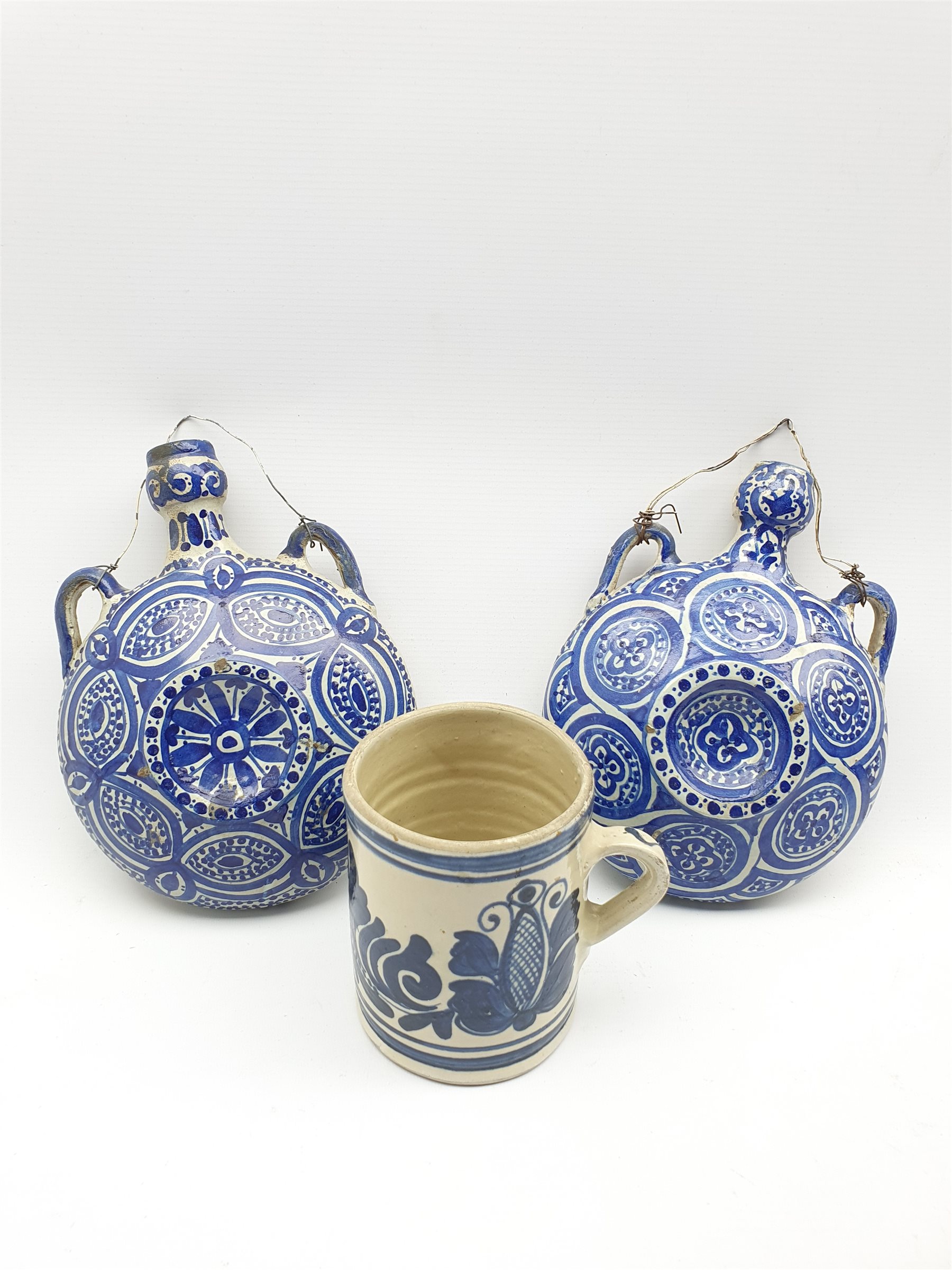 Pair of Moorish pottery flasks decorated in blue and white D18cm and a Continental blue and white mu - Image 2 of 4