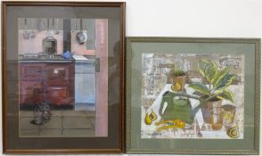 Anne Williams (British 20th century): 'Growing' and 'Claret' - Kitchen Interior with a Cat, two mixe