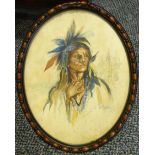 J E Graves (Early 20th century): Portrait of a North American Indian, oval watercolour signed and da