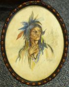 J E Graves (Early 20th century): Portrait of a North American Indian, oval watercolour signed and da