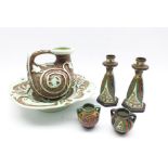 Pair of Gouda 'Collier' hexagonal vases and two small Gouda vases and a Burleigh Ware moulded jug an
