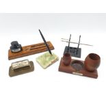 Oak inkstand with pen trays and ink bottle, , perpetual calendar, inkstand from the timber of H.M.S.