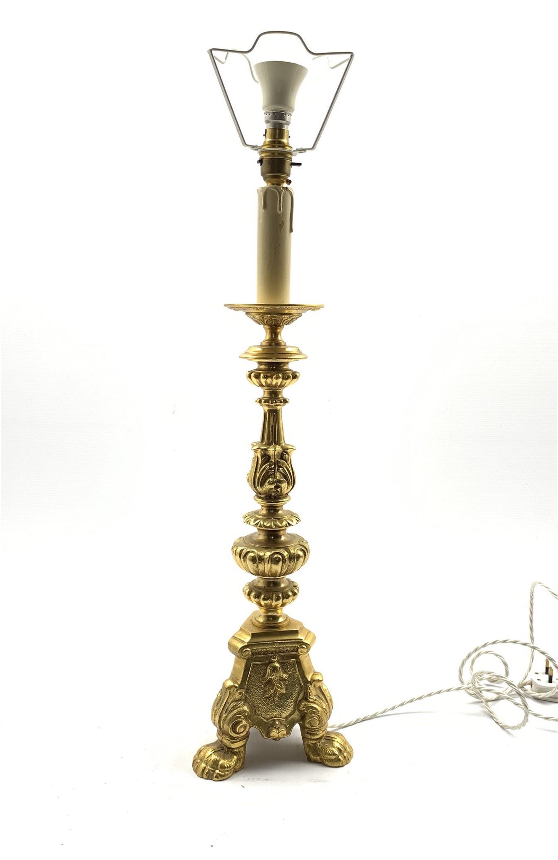 Antique design gilt metal table lamp on a tricorn base and paw feet H57cm excluding fitting