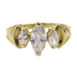 9ct gold three stone marquise shaped cubic zirconia ring, hallmarked