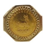 1988 gold 1/10 Krugerrand, loose mounted in 9ct gold ring hallmarked