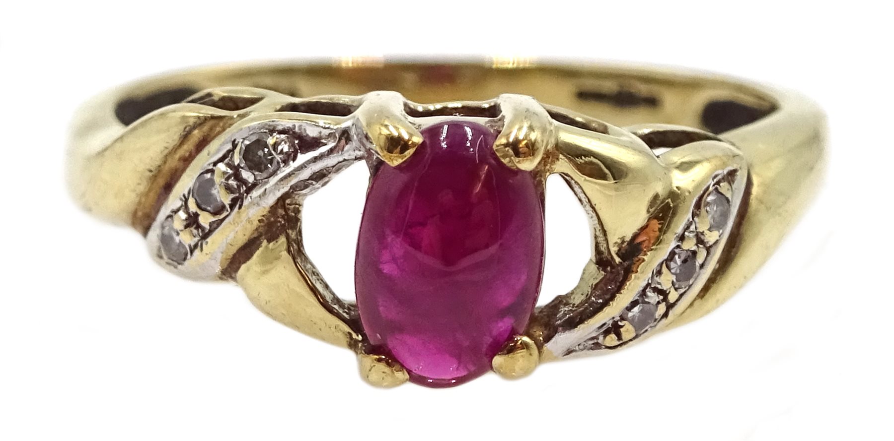 9ct gold cabochon ruby and diamond ring, hallmarked