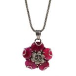 Silver faceted ruby flower pendant on silver chain, both stamped 925