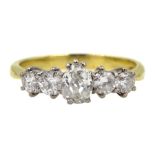 Gold five stone old cut diamond ring, stamped 18ct, the central pear shaped diamond approx 0.30 cara