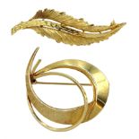 Gold open work brooch and a gold leaf design brooch, both 9ct stamped, approx 9gm