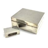 Engine turned square silver cigarette box engraved with initials and date 1952 and a silver match bo