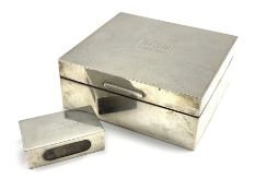Engine turned square silver cigarette box engraved with initials and date 1952 and a silver match bo