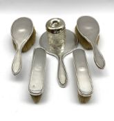 Engine turned silver five piece dressing table set Chester and Birmingham assay and a glass and silv