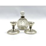 Edwardian silver mounted cut glass scent bottle of globular form H14cm and a pair of Sterling silver