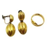Gold snake ring stamped 15. 625 and a pair of Victorian 19ct gold pendant screw back earrings