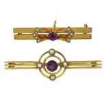 Two Edwardian gold amethyst and split seed pearl brooches, both stamped 9ct, both in fitted cases