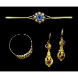 Edwardian sapphire and diamond bar brooch stamped 15c, pair of 18ct gold stone set pendant earrings
