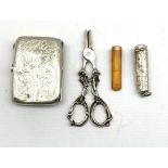 George V silver cheroot holder containing an amber and 9ct gold mounted cheroot holder, pair of silv