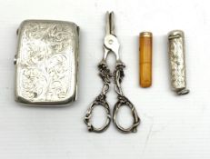 George V silver cheroot holder containing an amber and 9ct gold mounted cheroot holder, pair of silv