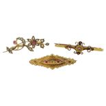 Edwardian 15ct gold diamond set brooch and gold pearl and stone set flower brooch and one other ston