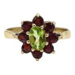 9ct gold peridot and garnet cluster ring, hallmarked