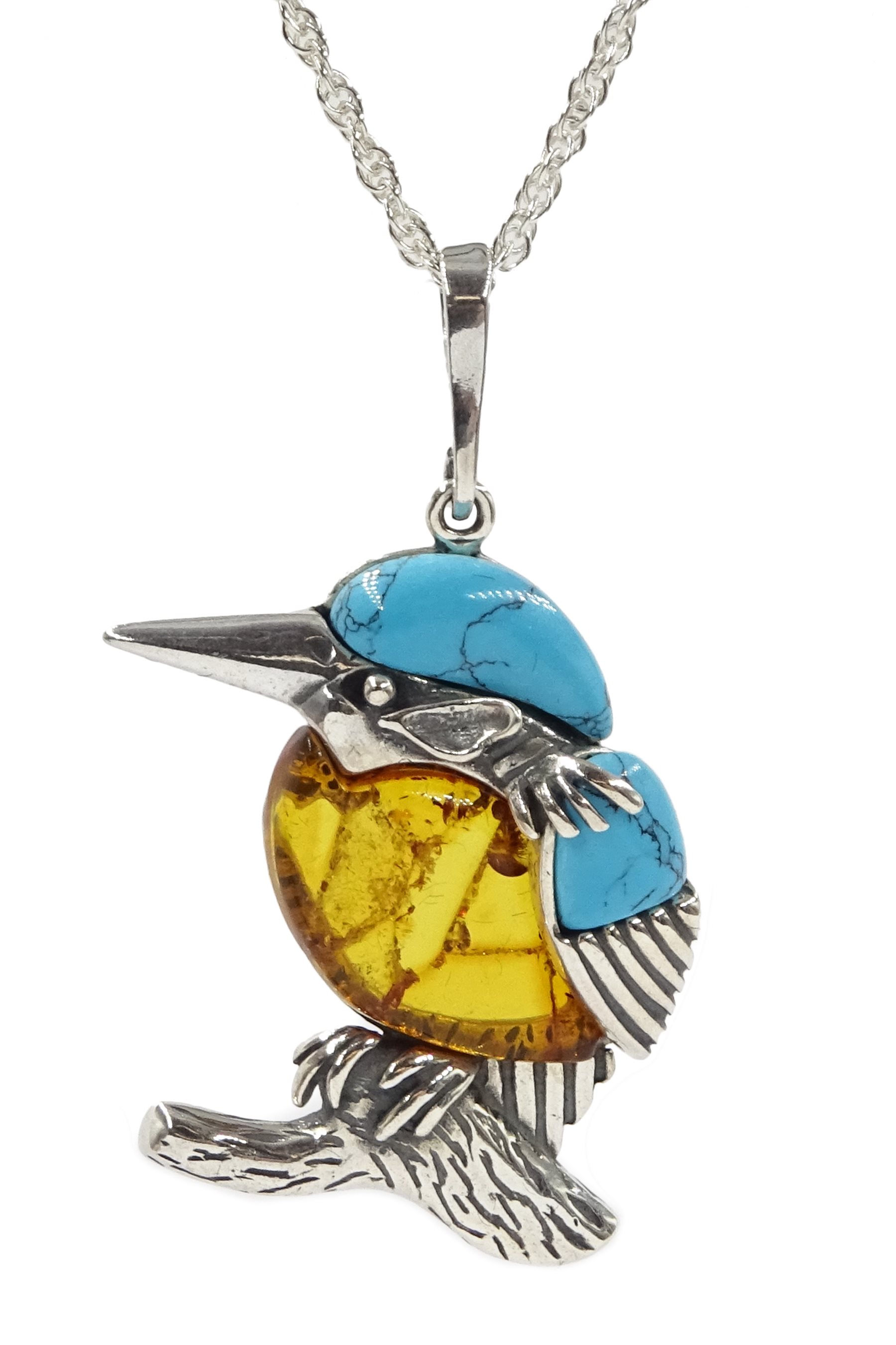 Silver Baltic amber and turquoise kingfisher pendant necklace, stamped 925