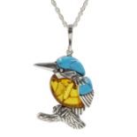 Silver Baltic amber and turquoise kingfisher pendant necklace, stamped 925