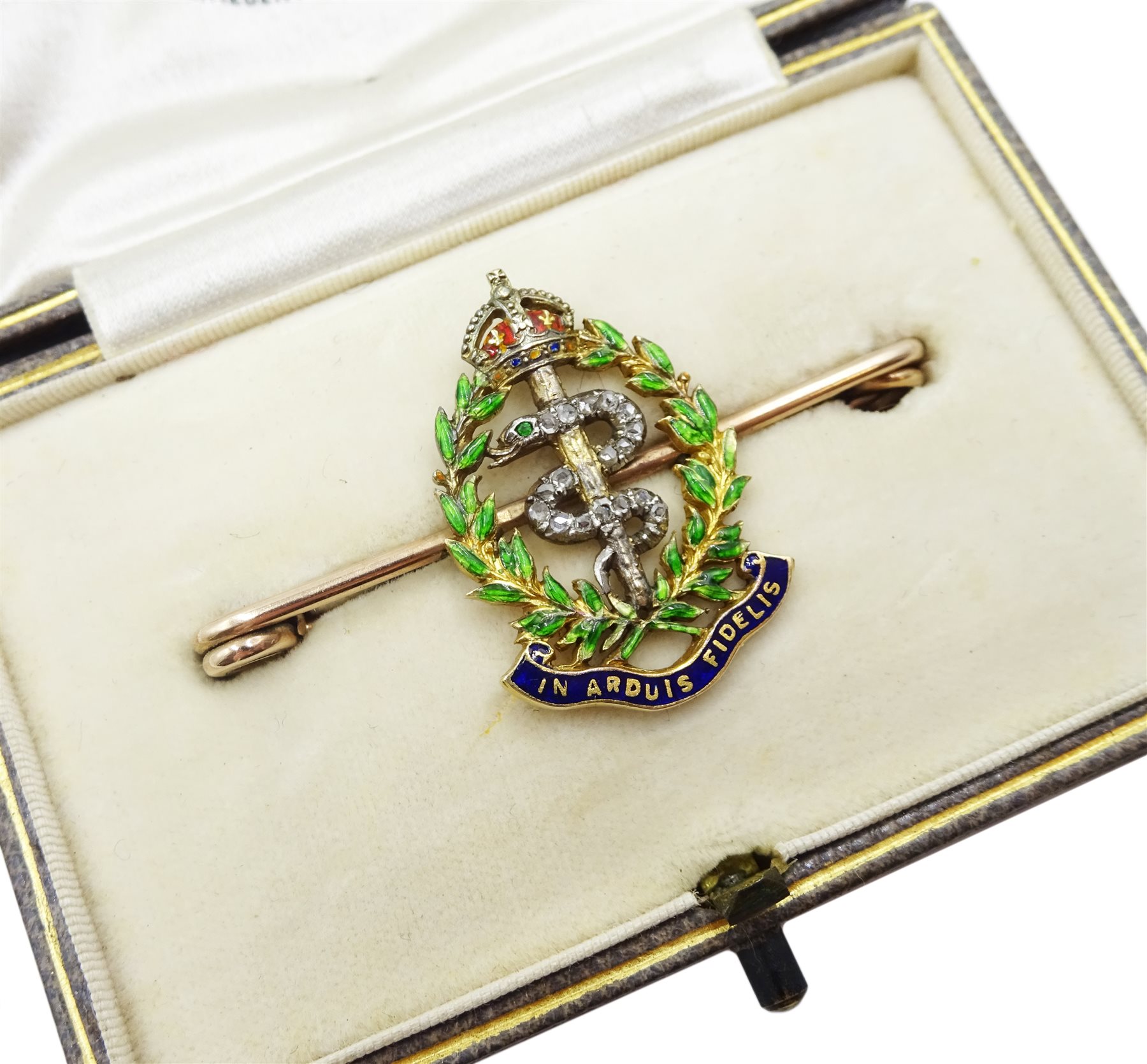 Royal Army Medical Corps gold brooch, enamelled motto 'In Arduis Fidelis', wreath and crown, the ser - Image 3 of 5