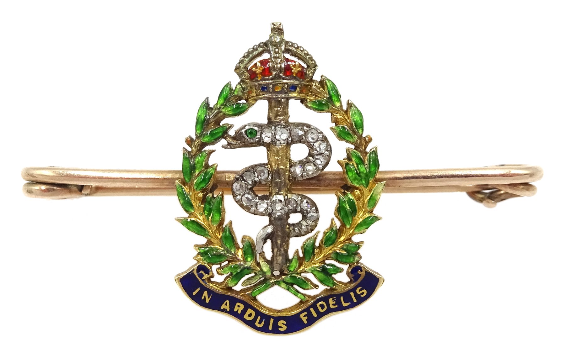 Royal Army Medical Corps gold brooch, enamelled motto 'In Arduis Fidelis', wreath and crown, the ser