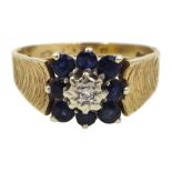 9ct gold sapphire and diamond cluster ring, hallmarked