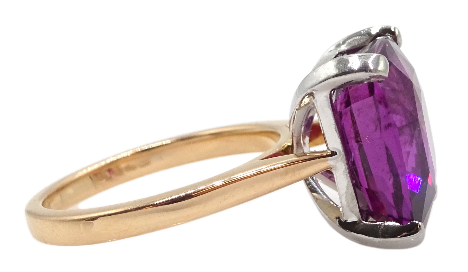 Platinum and 18ct rose gold pink/purple sapphire ring, hallmarked and stamped 950, sapphire 10.08 ca - Image 4 of 5