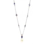 18ct white gold iolite, pearl and diamond pendant necklace, hallmarked, retailed by Jill Freeman, in