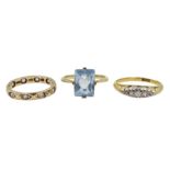 Gold five stone old cut diamond ring, stamped 18ct, gold eternity ring and a gold blue stone ring, b