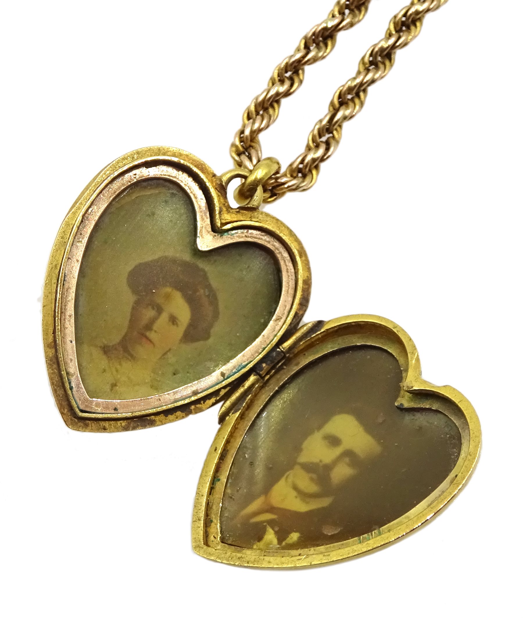 Edwardian 15ct gold old cut diamond, heart shaped locket pendant stamped, on 9ct gold rope twist nec - Image 3 of 4