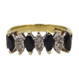 9ct gold diamond and sapphire marquise shaped ring, hallmarked