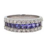 18ct white gold three row diamond and tanzanite half eternity ring, tanzanite total weight approx 1