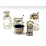 Small silver salt, glass and silver mustard pot and three other items