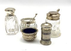 Small silver salt, glass and silver mustard pot and three other items