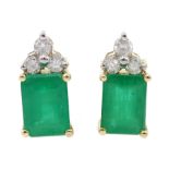 Pair of 14ct gold emerald and diamond stud earrings, stamped 585, emerald total weight approx 1.95 c