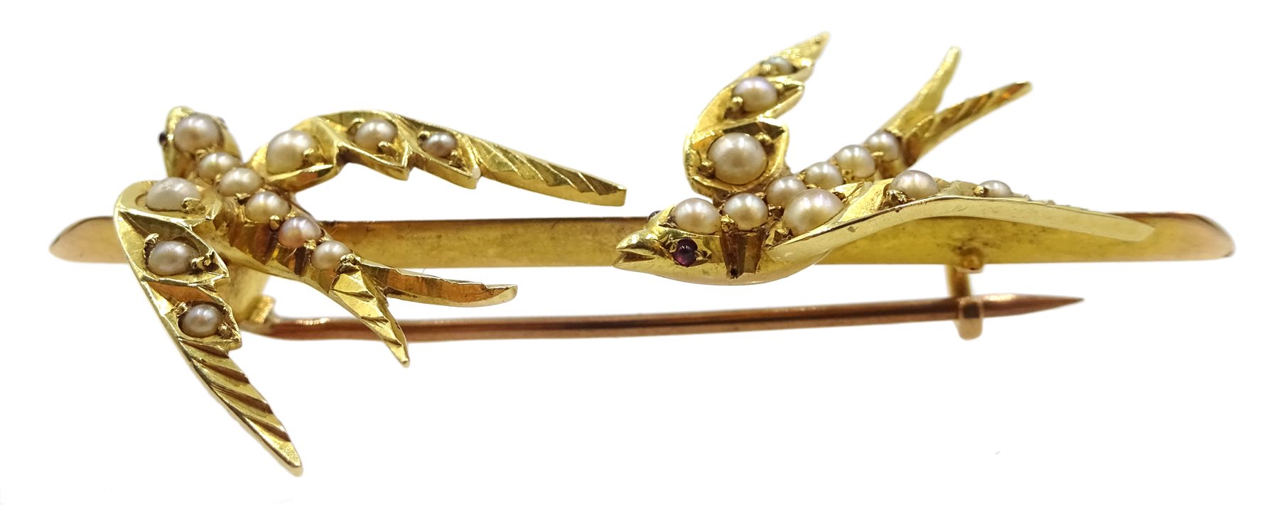 Victorian gold swallow bar brooch, both set with ruby eyes, in velvet lined box - Image 3 of 5