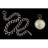 Early 20th century Swiss silver ladies pocket watch, key wound with a heavy silver chain with clip,