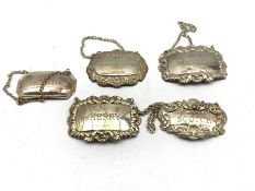 Five various hallmarked silver decanter labels