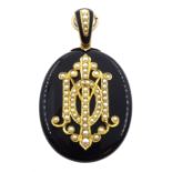 Victorian black enamel mourning pendant, with gold mounted monogrammed seed pearl decoration, retail