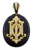 Victorian black enamel mourning pendant, with gold mounted monogrammed seed pearl decoration, retail