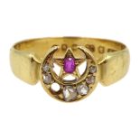 Victorian 22ct gold diamond and ruby set crescent and star ring, makers mark S H, Birmingham 1884