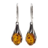 Pair of silver Baltic amber pendant earrings, stamped 925