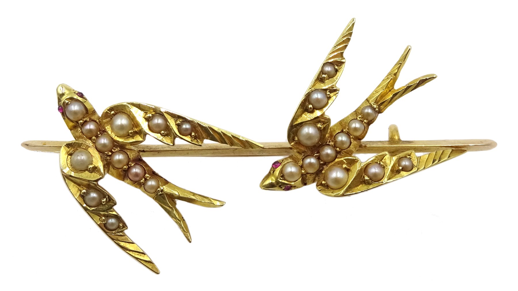 Victorian gold swallow bar brooch, both set with ruby eyes, in velvet lined box