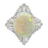 Platinum oval cabochon opal and baguette diamond ring, stamped 900, opal 4.48 carat, diamond total w